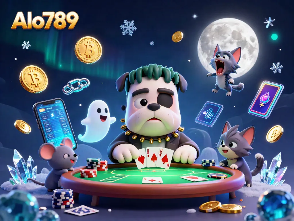 Alo789's delightful 3D poker scene featuring a Frankenstein bulldog dealer and playful characters
