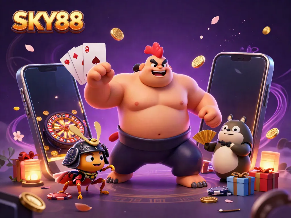 SKY88 energized slot game experience with a cartoon sumo rooster, fierce samurai cricket, and tanuki announcer.