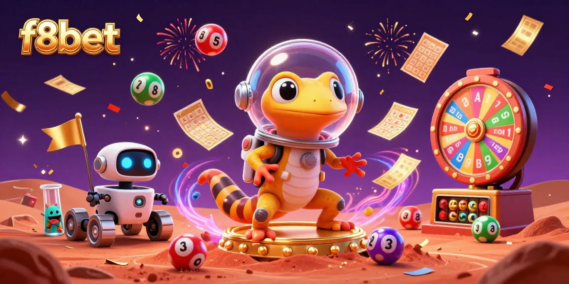 Experience excitement at f8bet with a Martian gecko exploring a casino filled with vibrant lottery elements.