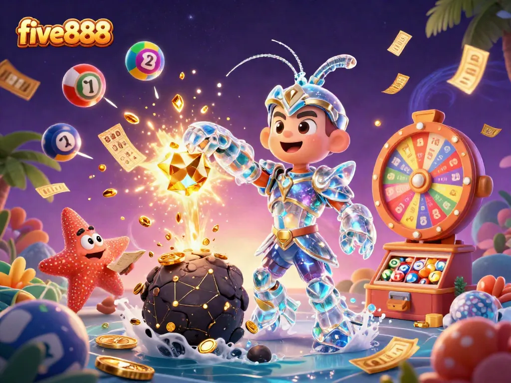 Experience thrilling gaming at five888 with vibrant elements like golden tickets and dynamic lottery balls.