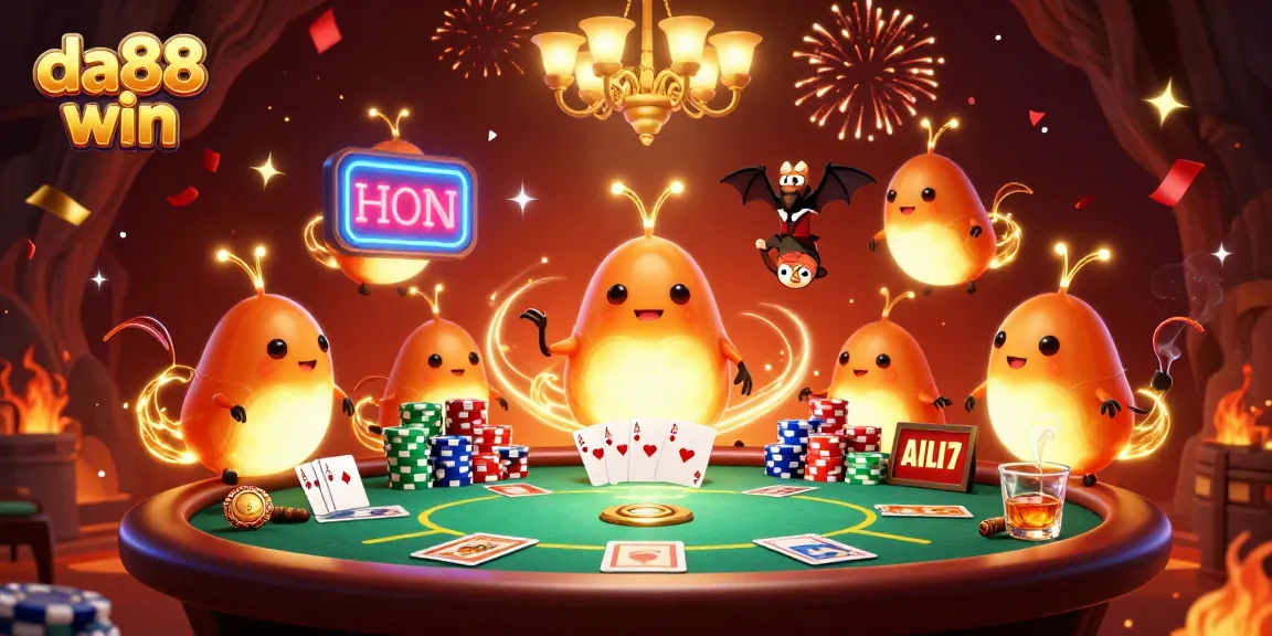 Experience the excitement at da88 win with a vibrant casino scene featuring animated glowworms and a bat dealer.