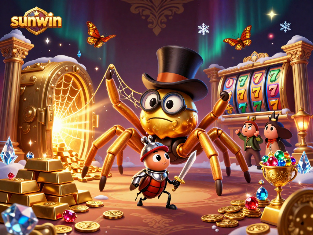 Engage with sunwin's thrilling 3D casino scene featuring a golden tarantula and beetle knight.