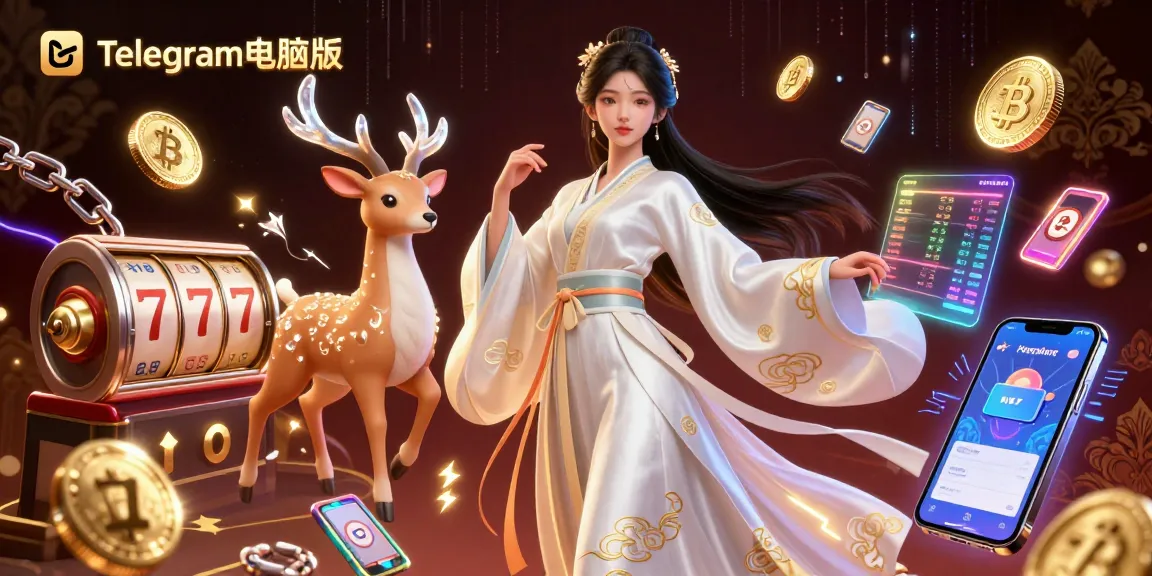 一幅令人惊叹的3D插图,展示了带有沉浸式老虎机元素和动态角色的Telegram电脑版。