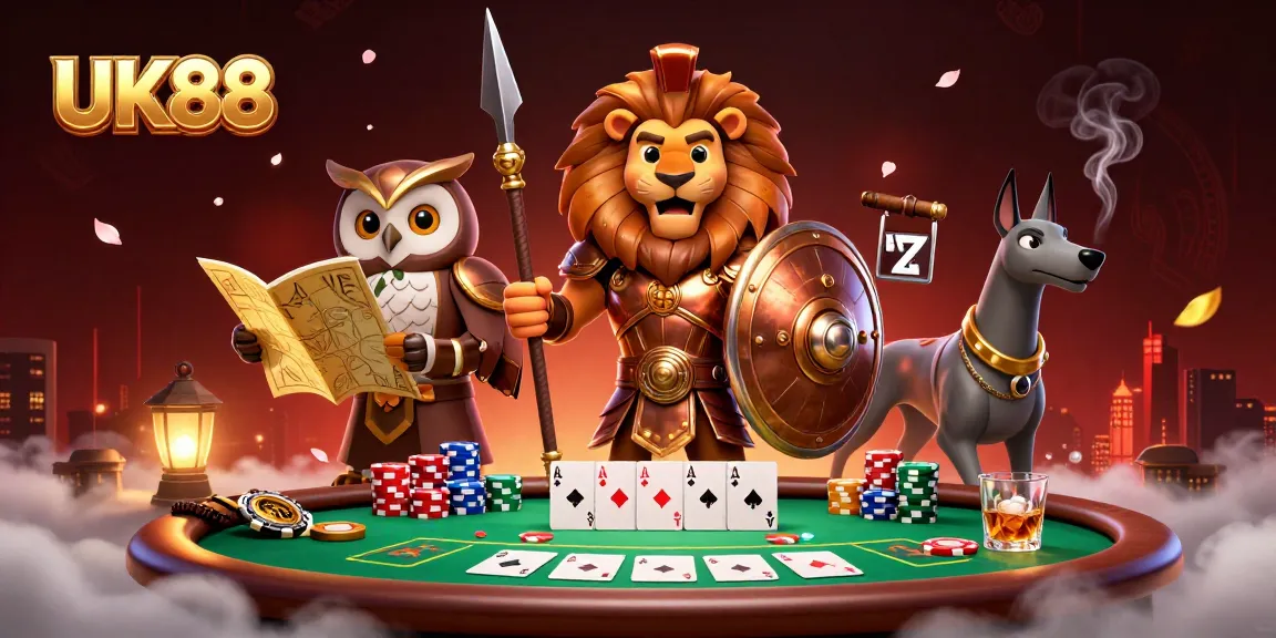Engage with UK88's thrilling poker scene featuring a Spartan lion, tactical owl, and swift greyhound.