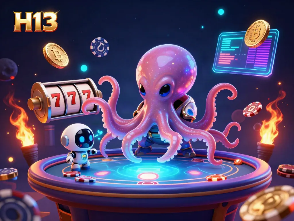 Join the excitement at H13 casino with an alien octopus and robot at a cosmic poker table.