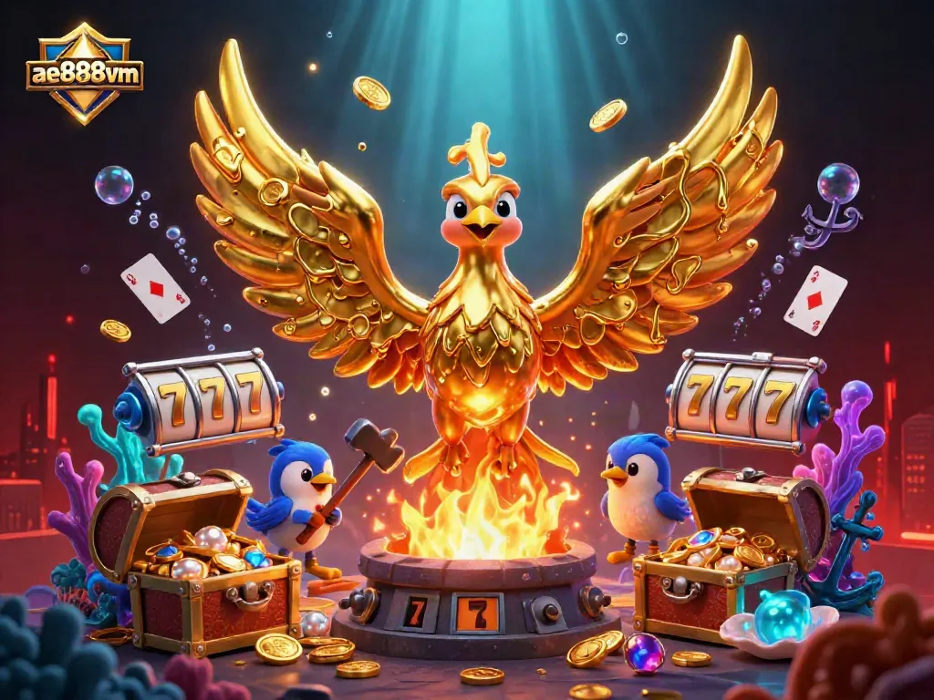 Ae888vm enhances your slots experience with a golden phoenix and jackpot symbols.