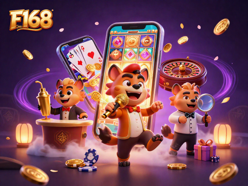 F168 hyenas hosting a lively casino scene with colorful slots and dynamic gaming elements.
