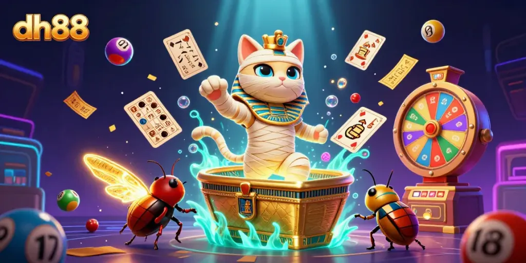 Experience the excitement of dh88 with an animated mummy cat and a scarab beetle in a vibrant casino.