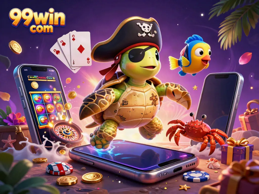 Experience thrilling gameplay with 99win com as a cartoon pirate turtle and friends discover treasures while playing slots.