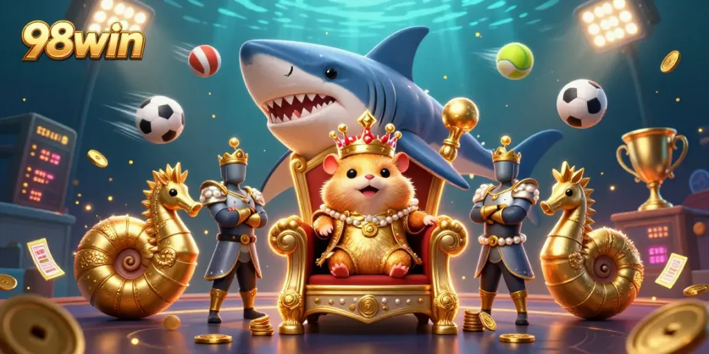 Engage in thrilling sports betting action with 98win, featuring a lively underwater casino scene packed with game elements.
