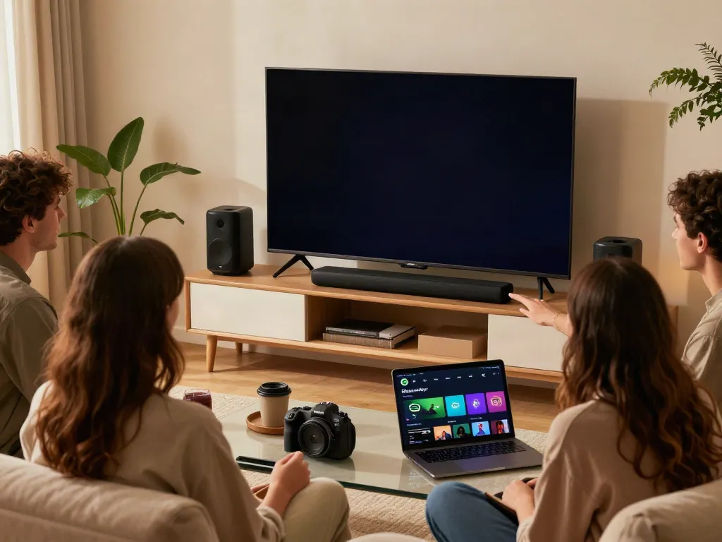 Friends using Spotify spoof for music streaming in a stylish living room.