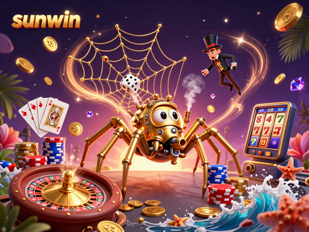 Experience excitement with sunwin in a vibrant 3D casino illustration featuring a steampunk spider.