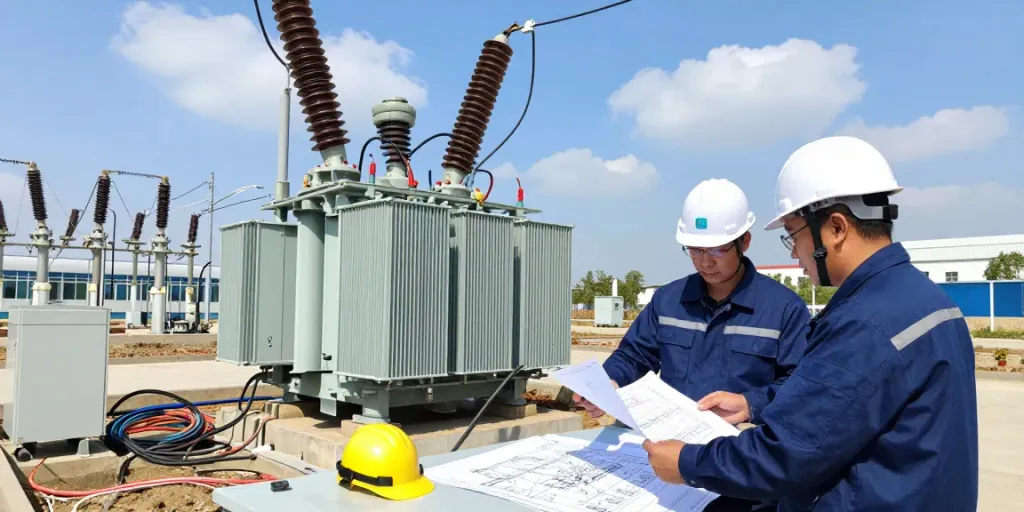 Een installatie van een distributietransformator met ingenieurs die plannen bespreken en technische tekeningen bestuderen in een industriële omgeving.