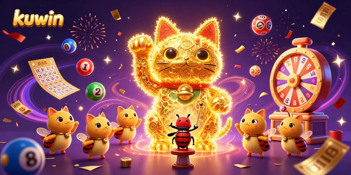 Kuwin brings excitement with a giant lucky cat made of fireflies surrounded by lottery balls and casino symbols.
