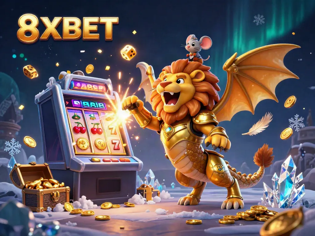 Experience thrilling jackpots with 8XBET in a vibrant 3D casino illustration featuring golden creatures and slot machines.