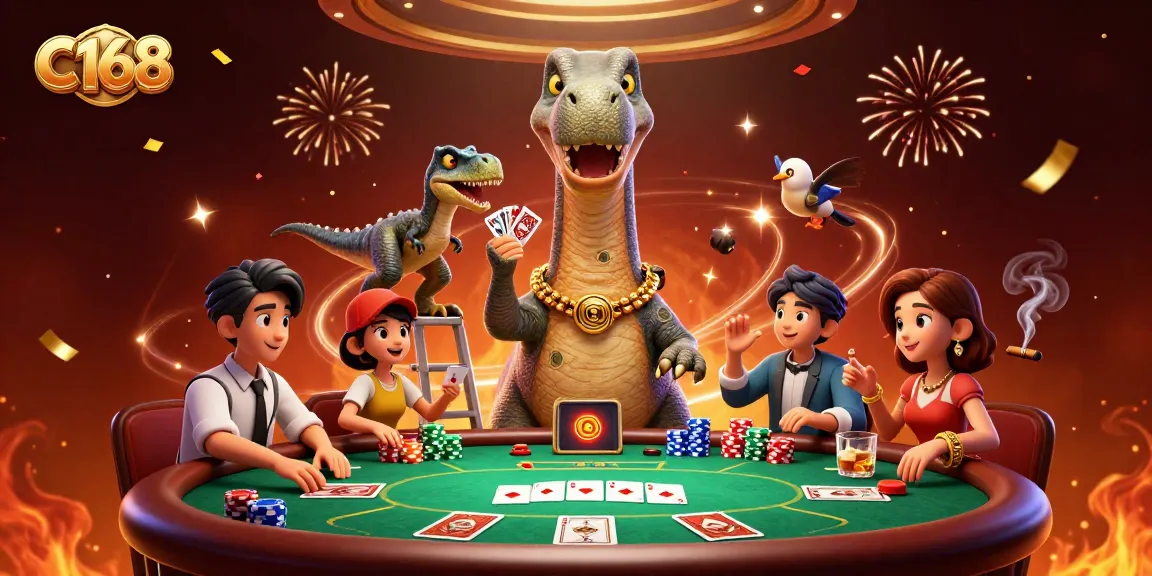 C168 showcases a whimsical casino scene featuring a tall brontosaurus and a clever raptor dealing cards.