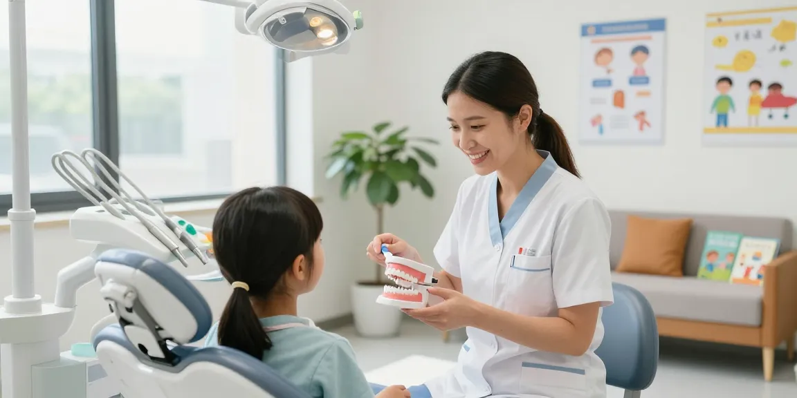 Mondhygiënist Nijmegen geeft een vriendelijke uitleg aan een kind over mondgezondheid in een moderne tandartspraktijk.