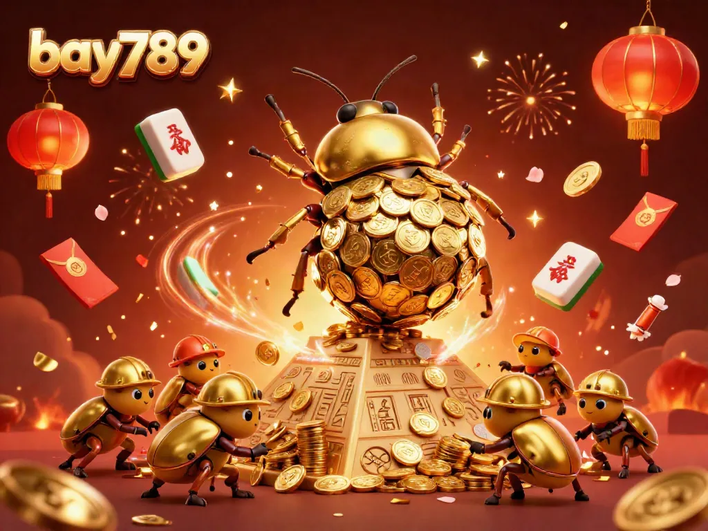 Experience excitement with bay789 as a golden dung beetle rolls coins, surrounded by vibrant casino symbols.