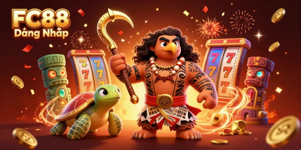 Experience thrilling online gaming with FC88 Đăng Nhập, showcasing an exciting slot game scene with treasures and vibrant characters