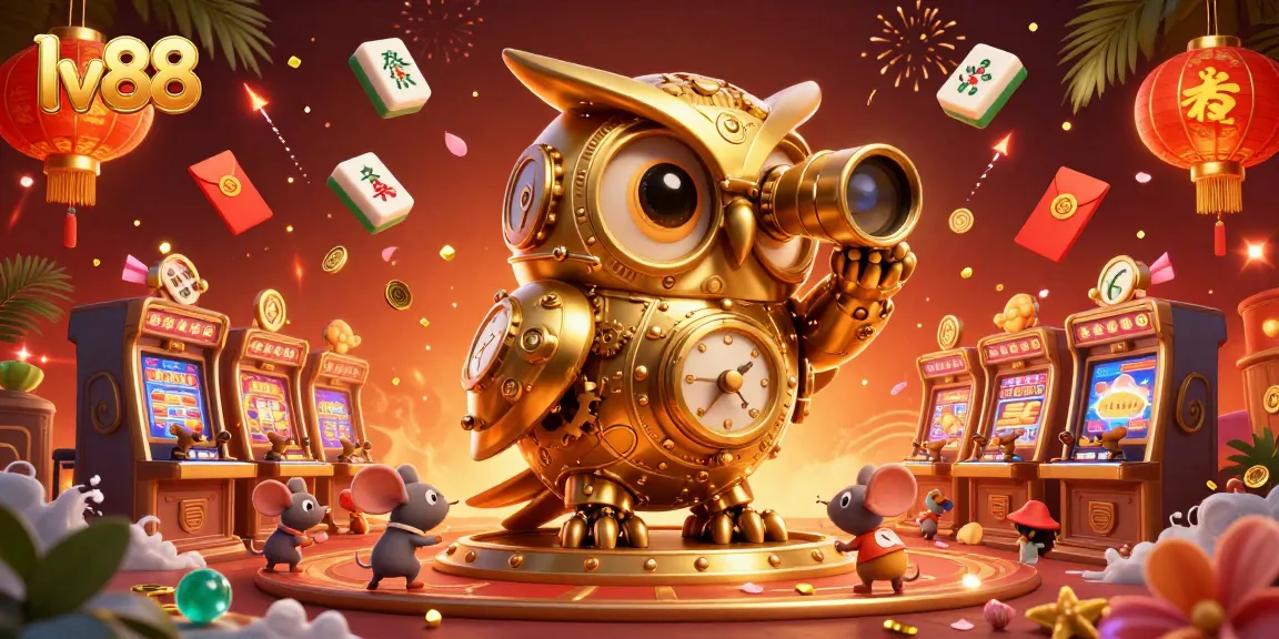 Experience the excitement of lv88 casino with golden owl and mice in a vibrant 3D gaming scene.