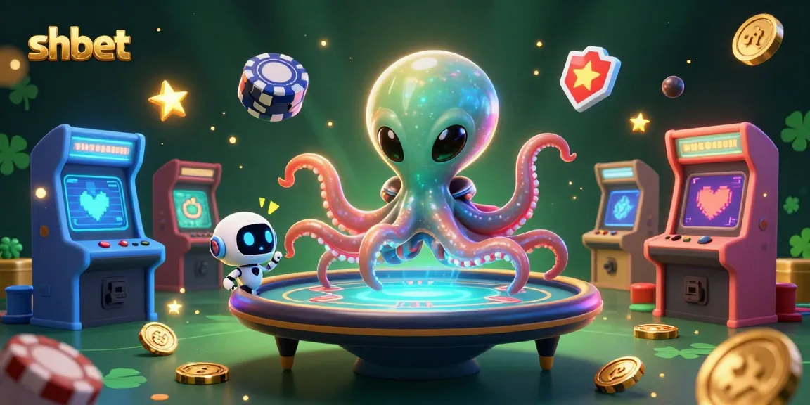 shbet features an alien octopus enjoying a holographic poker table with vibrant casino elements