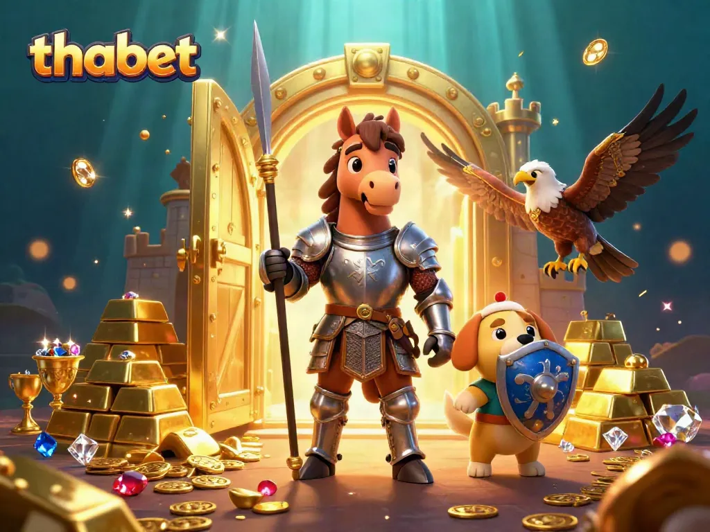 Immerse in thabet as the knight battles with treasure amidst glimmering gems in this vibrant 3D scene.