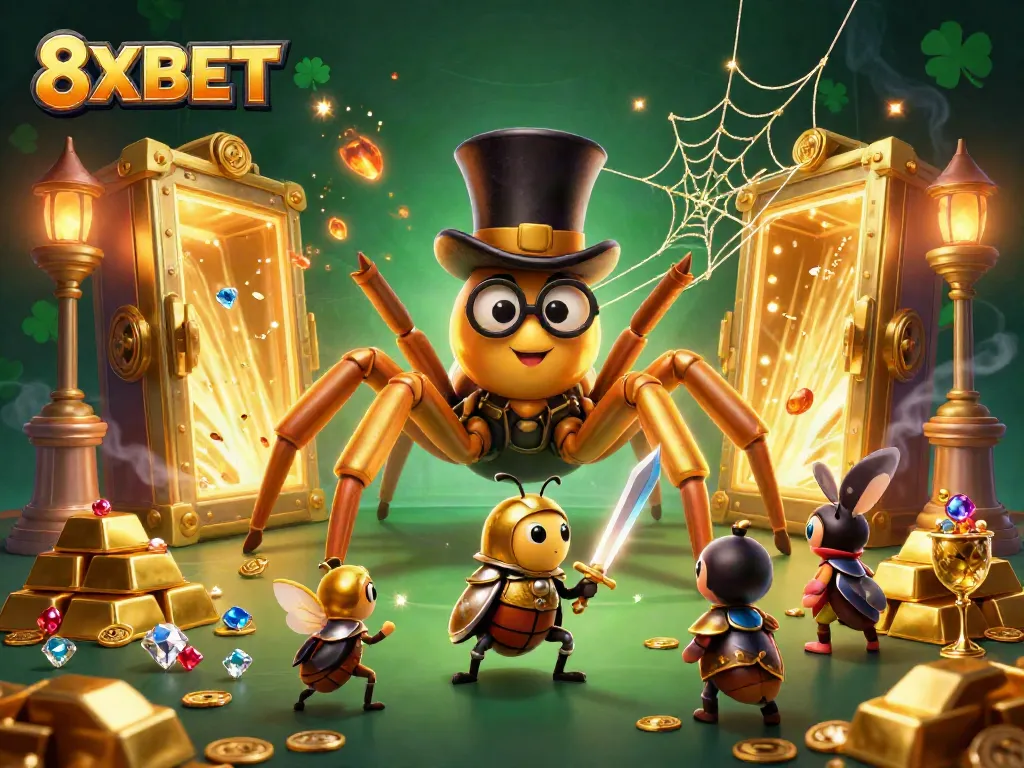 Experience the magic of 8XBET with golden treasures and dynamic characters in a vibrant casino setting.