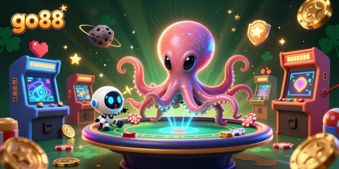 Experience the thrill of go 88 gaming with a vibrant cosmic casino scene featuring interactive characters and holographic poker.