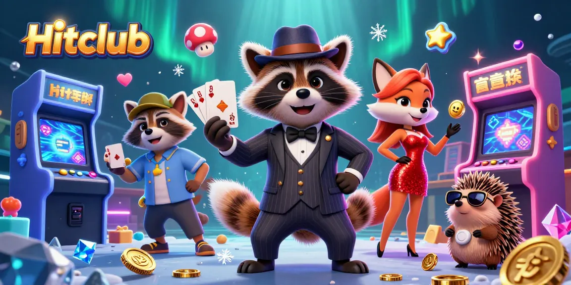 Hitclub's vibrant gaming scene with raccoon, fox, and hedgehog enjoying thrilling casino action.