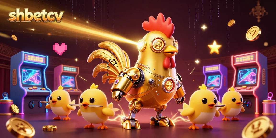 Engage in thrilling gaming action with shbetcv's vibrant casino scene featuring a golden rooster robot and baby chick drones.