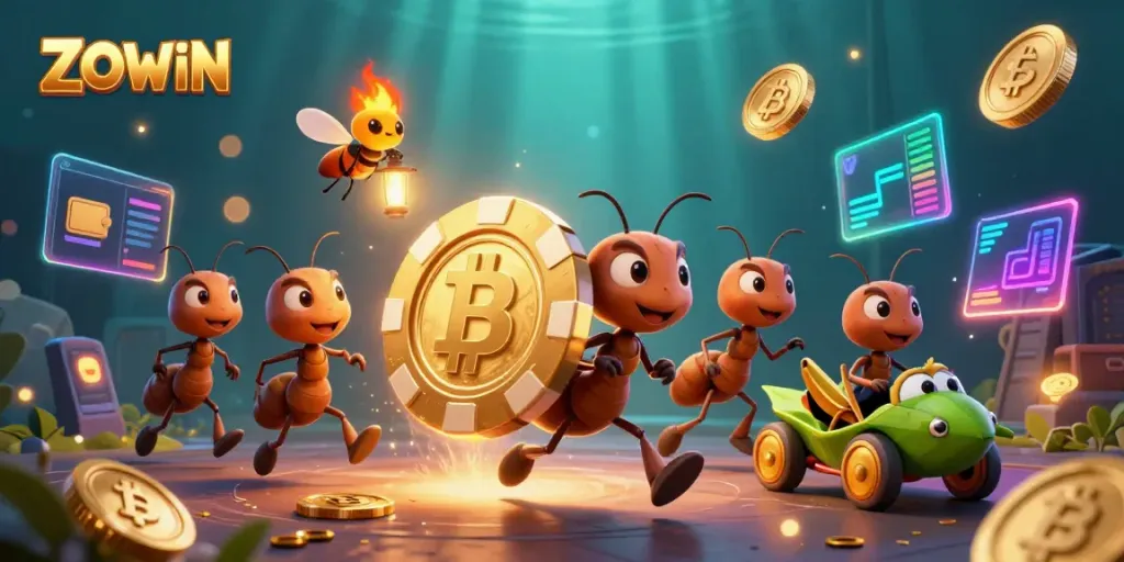 Engage with ZOWIN's exciting heist atmosphere featuring playful ants and a vibrant casino theme.