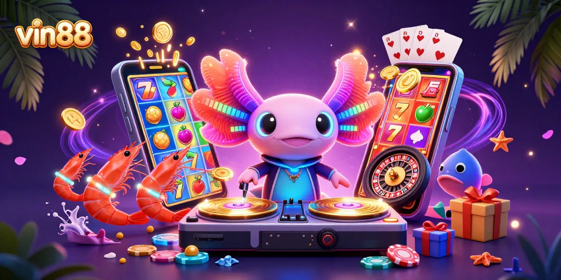 Spin to win with vin88's vibrant 3D illustration showcasing a neon axolotl DJ surrounded by dynamic casino elements.