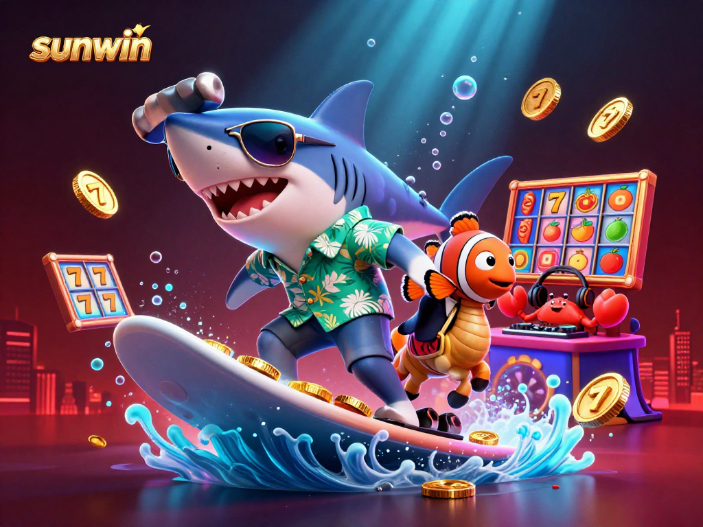 Join the excitement at sunwin with a lively underwater casino scene featuring vibrant characters and slot games.
