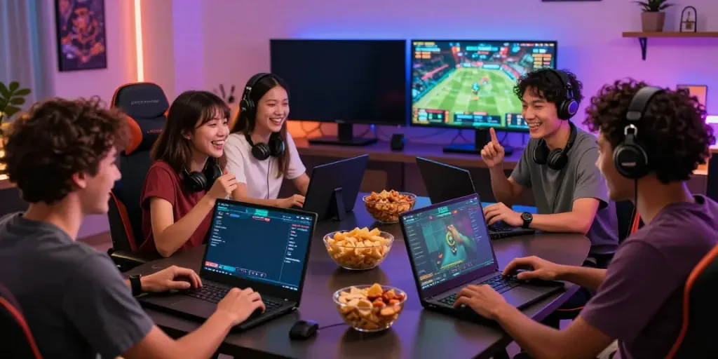 Friends enjoying NET88 gaming on smartphones in a lively atmosphere.