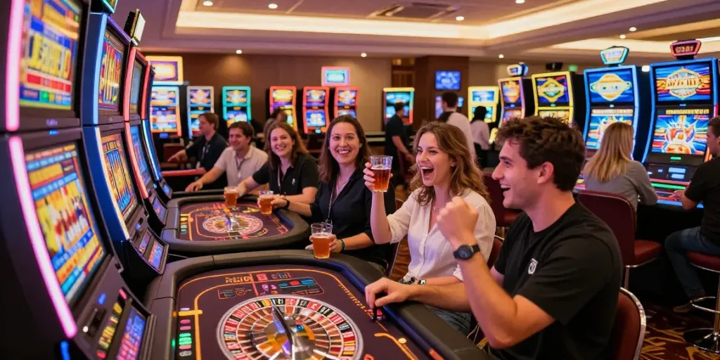 Slot gacor hari ini di kasino dengan pemain bersemangat dan mesin slot warna-warni.