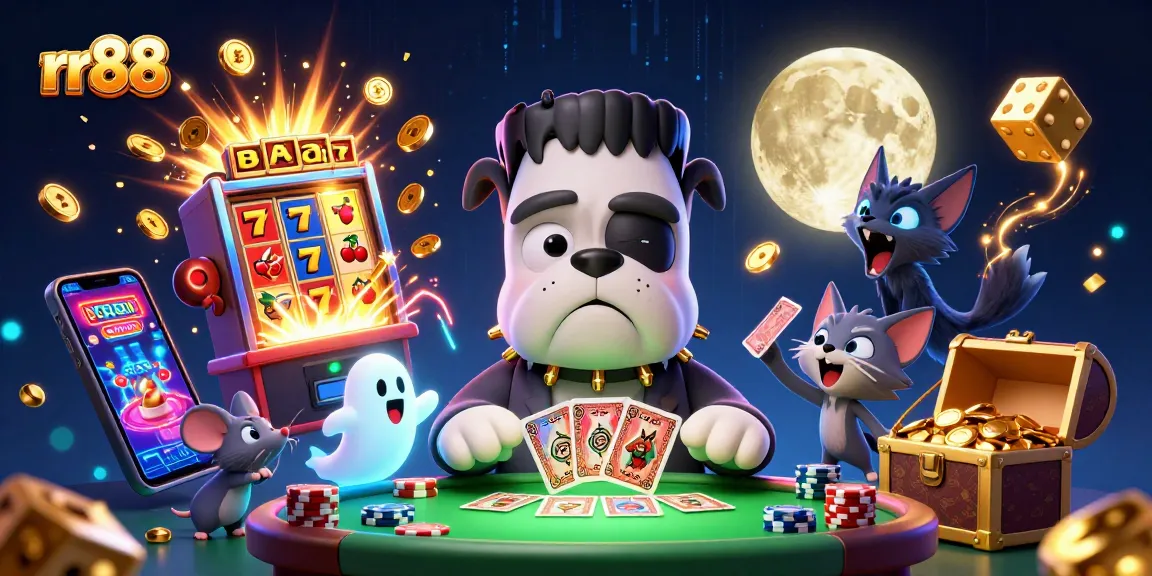 rr88 offers thrilling jackpot slots with dynamic characters, a colorful casino scene glowing with action