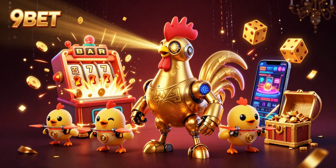 Engage with 9BET's exciting gaming experience featuring a golden rooster robot and jackpot slots.