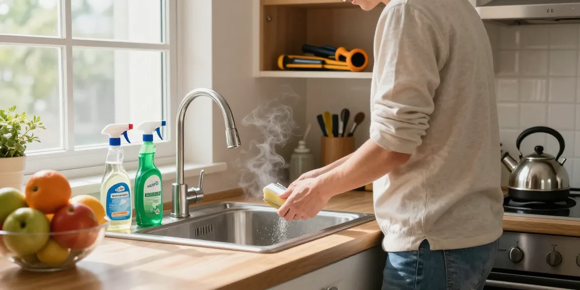 Afvoer verstopt in de keuken, persoon inspecteert verstopte gootsteen met huismiddelen, warme sfeer met natuurlijke lichtinval.