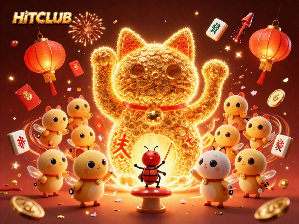Experience the luck at HITCLUB with a golden lucky cat, fireworks, and casino symbols.