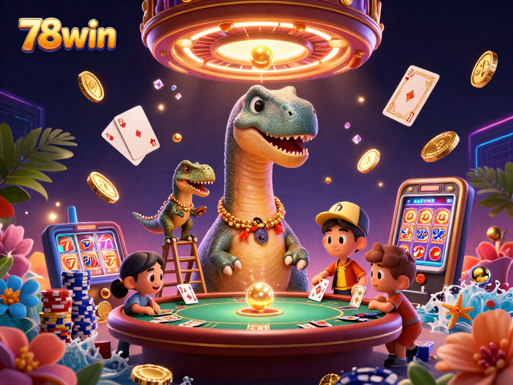 Engage with the dynamic scene of 78win, featuring a cartoon dinosaur and raptor in an exciting casino atmosphere.