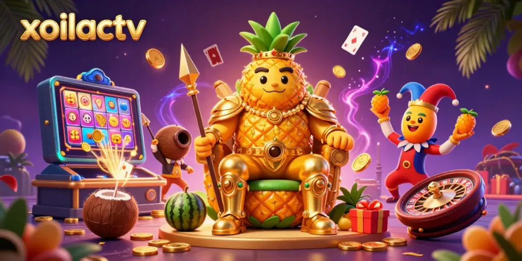 Experience the vibrant universe of xoilactv with a golden pineapple king ruling a dynamic casino scene filled with games and treasures.