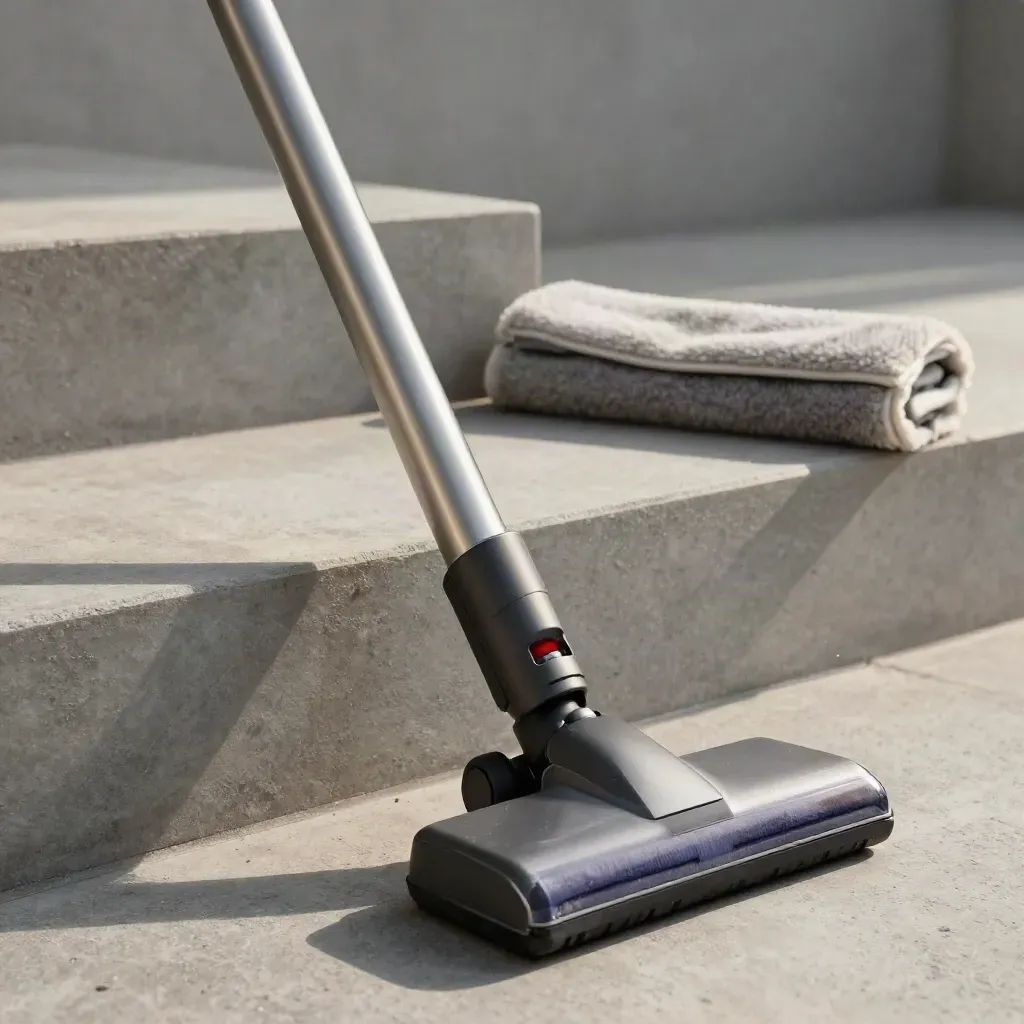 Stofzuiger leunt diagonaal over twee betonnen treden met een wollen plaid en stofdeeltjes in zacht licht.