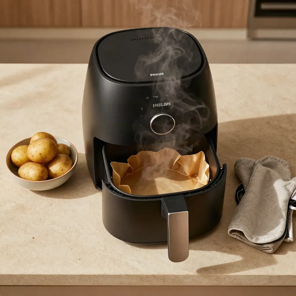 Plat van boven: open zwarte airfryer met aardappels, bakpapier en een linnen want op steen.