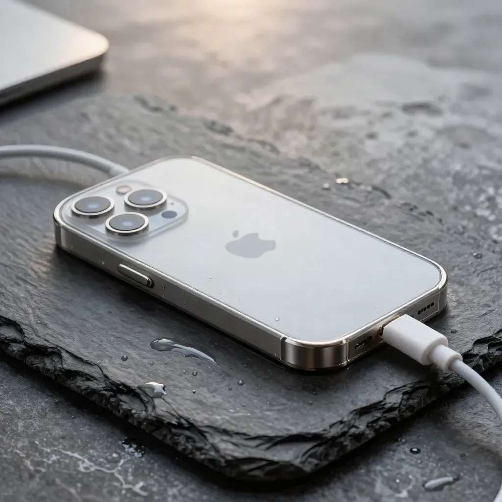 iPhone 15 op natte leisteen met transparant hoesje en opgerolde usb-c-kabel