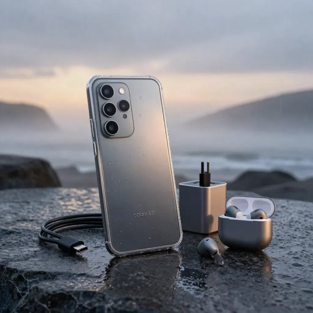 Graphietkleurige smartphone met clear case, oplader en oordopjes op natte rotsvloer in mist