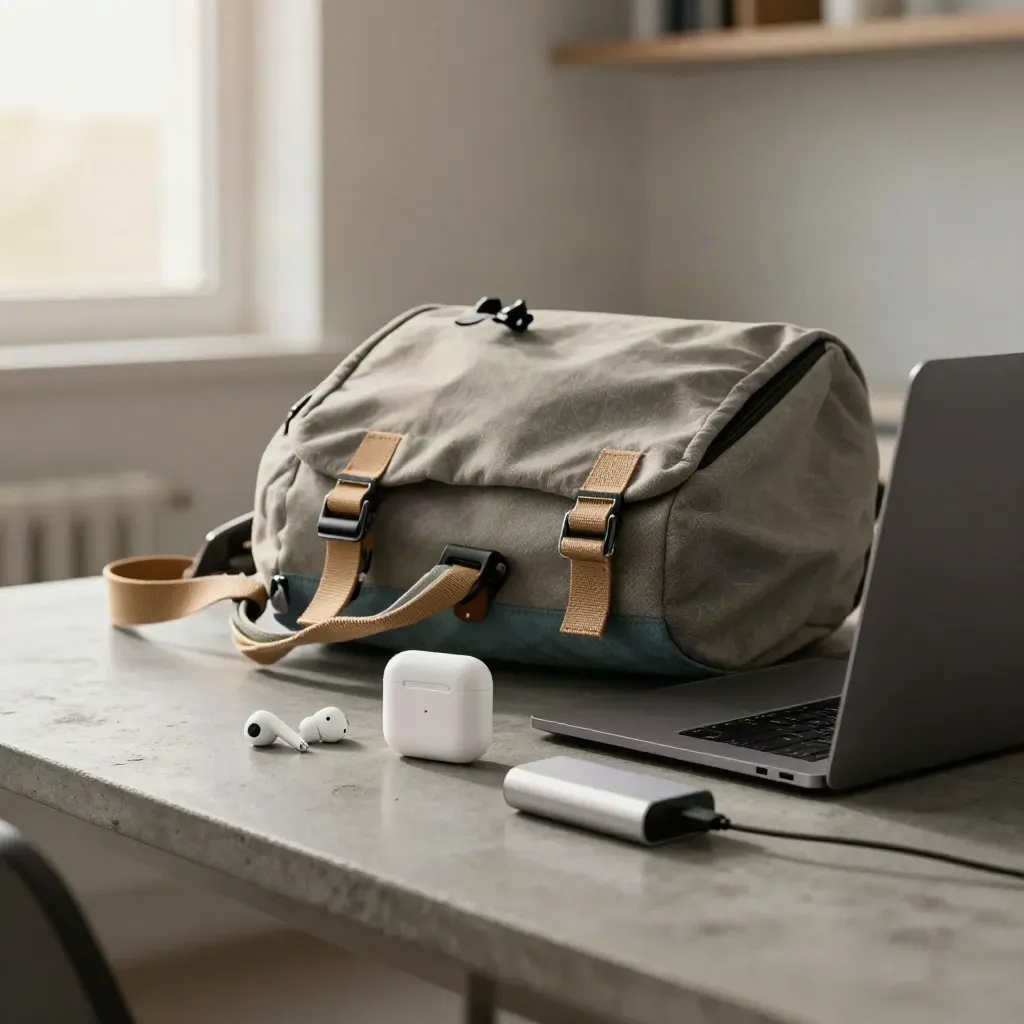 Laptop, rugzak, oordopjes en oplader op een betonnen werktafel met zacht ochtendlicht.