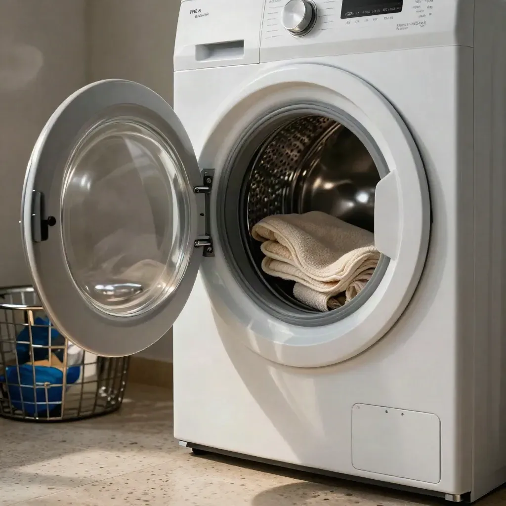 Wasmachine met open deur, handdoeken en chromen mand in een donkere studio