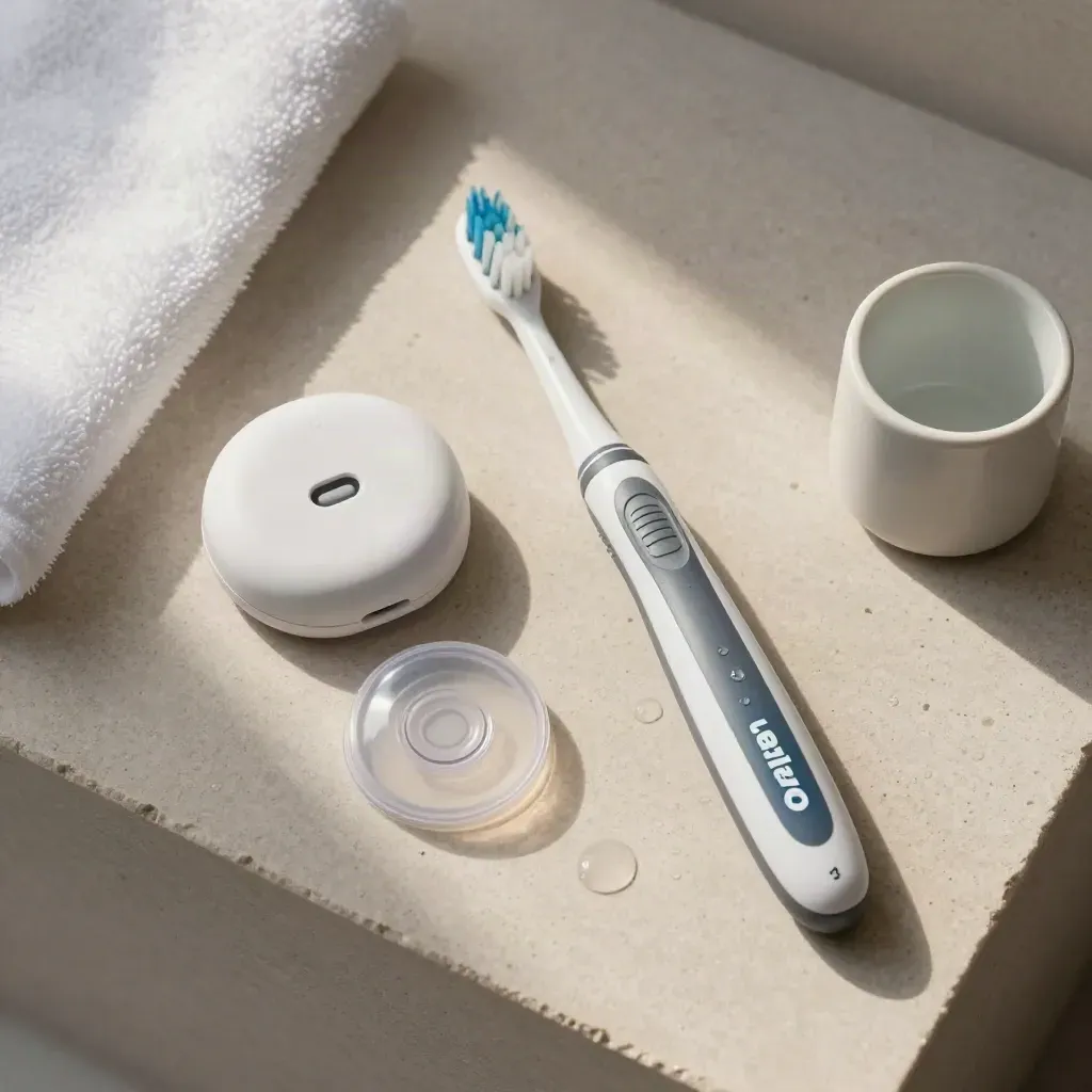 Overhead flatlay van een elektrische tandenborstel, oplader, kapje en waterdruppels op lichte steen.