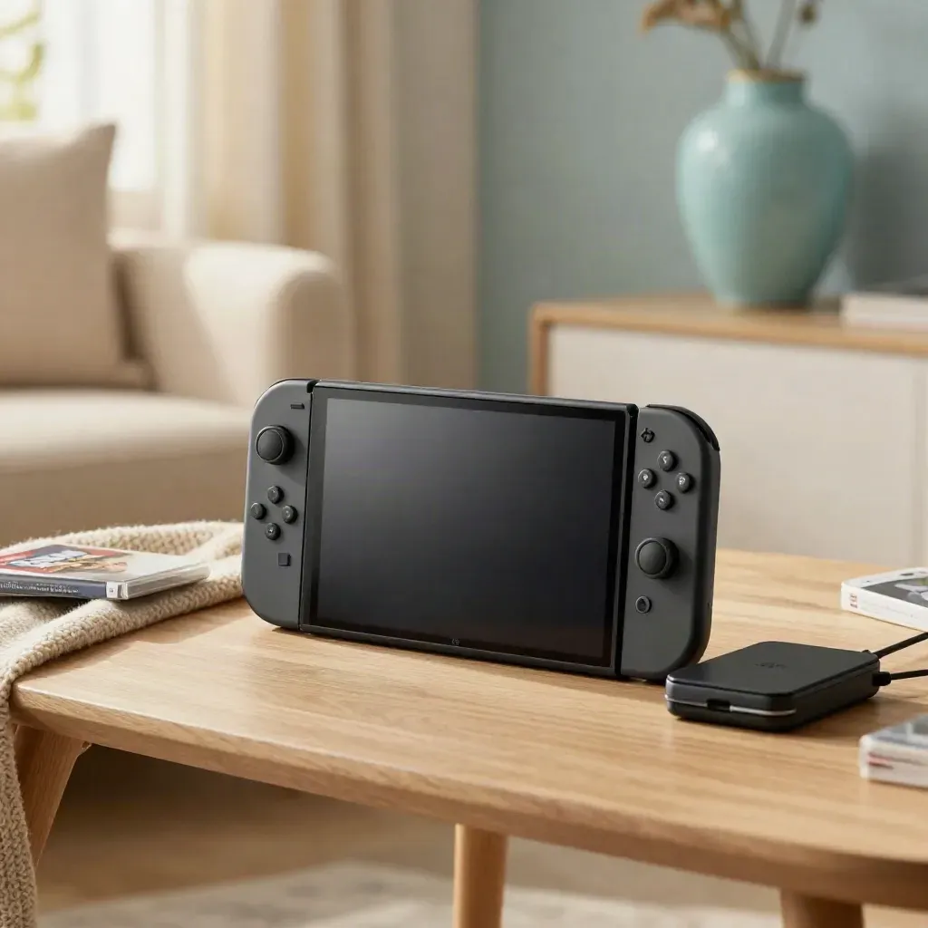 Nintendo Switch OLED met game-cases en oplader op een zachte plaid in een rustige woonkamer