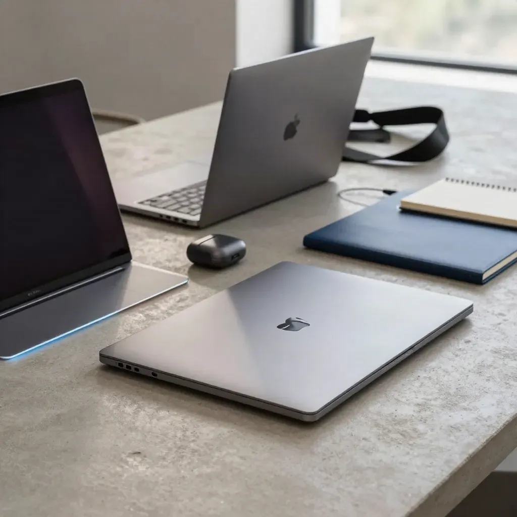 Drie laptops met oortjesetui en notitieboek op een betonnen tafel, in dramatisch licht
